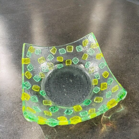 Square Fused Art Glass Dish Plate Whimsical Decor Textured Dish Hand Crafted Vtg - Picture 4 of 15